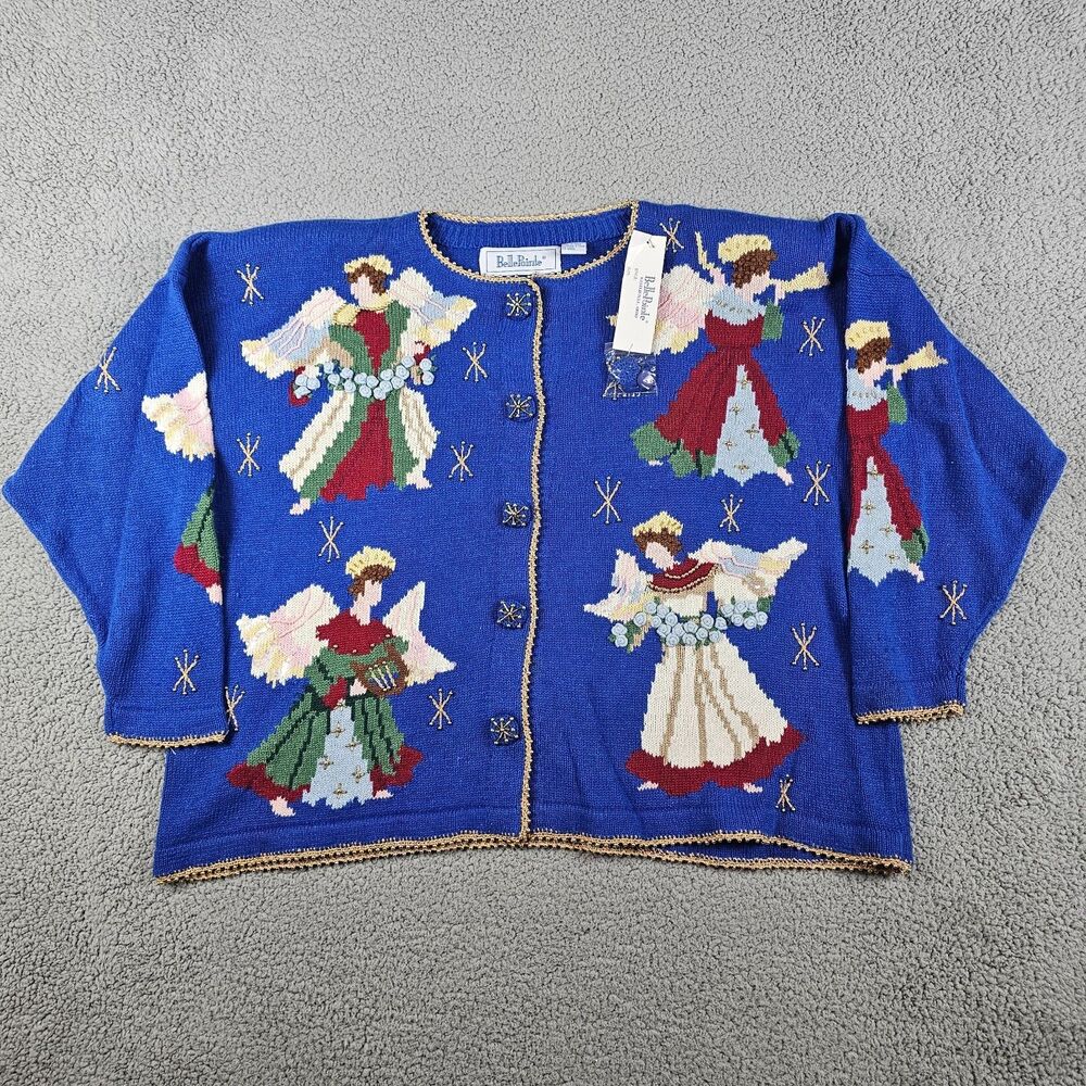 Vintage Cardigan Sweater Womens 3X Blue Angels Christmas Holy Night Ugly NWT 90s